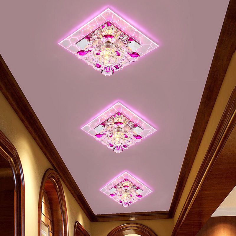 Flower Crystal Square Ceiling Lamp Contemporary Clear LED Flush Mounted Lamp for Hall