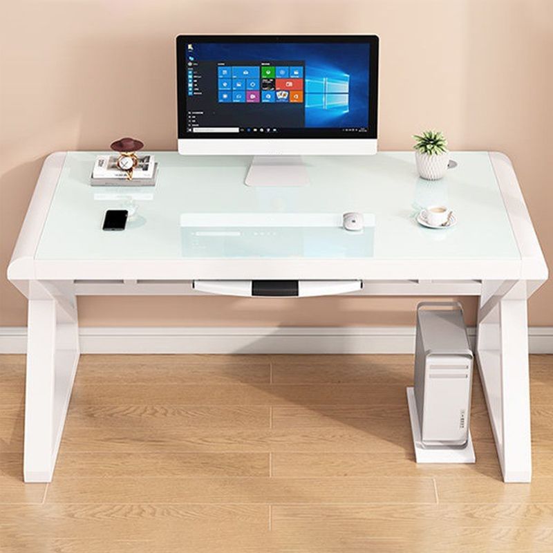 Modern Rectangular Gaming Desk Glass Top 29.53" Tall Computer Desk with Sled Base