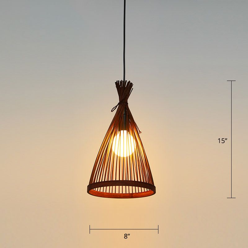 Conical Restaurant Drop Pendant Bamboo 1 Head Minimalist Hanging Ceiling Light with Cage Design