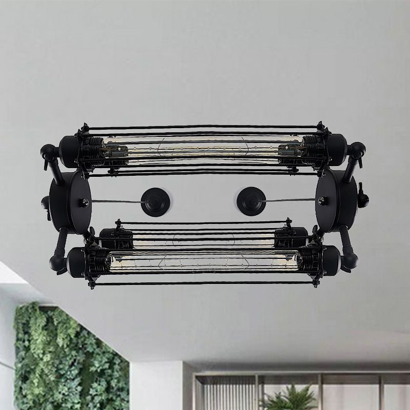 4 Lights Vertical/Horizontal Chandelier Lamp with Tube Cage Shade Iron Industrial Style Indoor Hanging Fixture in Black