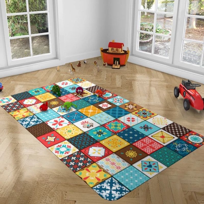 Multicolor Home Decoration Carpet Retro Moroccan Tile Area Rug Polyester with Non-Slip Backing Rug