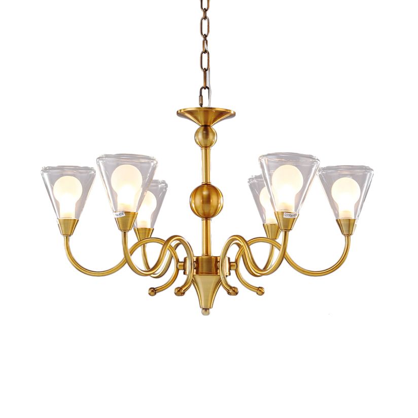 Cone Chandelier Lighting Post-Modernist Clear Glass Multi Lights Led Brass Ceiling Pendant Lamp with Curved Arm