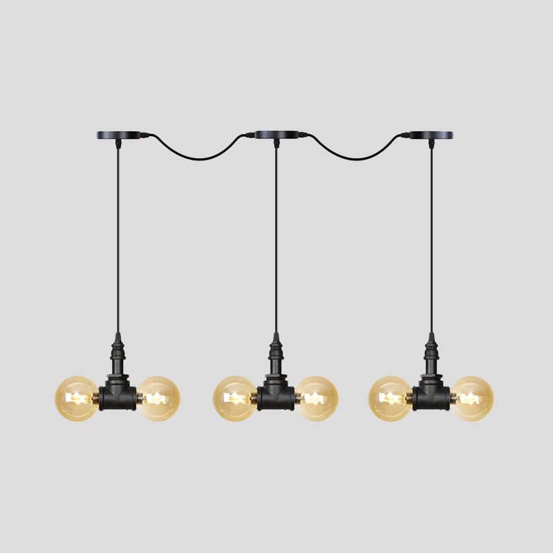 Black 6/10/14 Heads Multi Light Pendant Vintage Amber Glass Ball Tandem LED Suspension Lamp