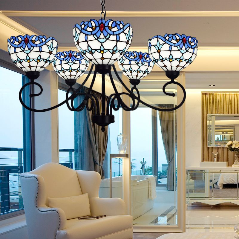 Ciotola vittoriana Ciotola Light 5 Luci in vetro Pla lampadario interno in blu per foyer