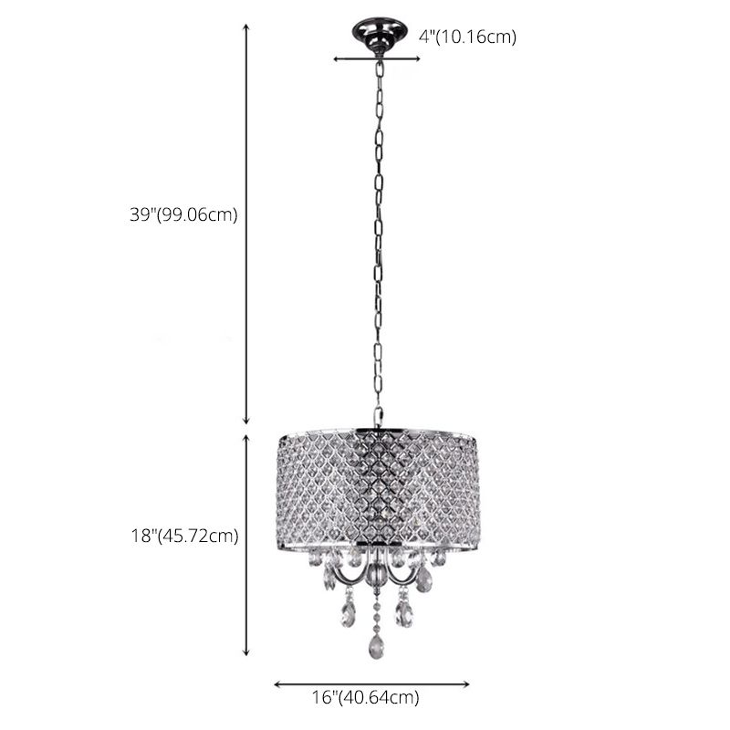 Chrome Finish Candle Chandelier Modern 4-Light Metal Pendant Light with Drum Crystal Shade