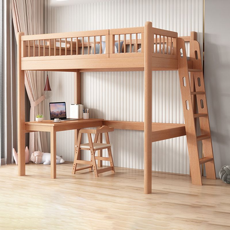 Contemporary Natural Loft Bed with Guardrail and Mattress in Solid Wood