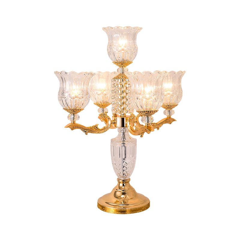 Gold Candelabra Nightstand Lamp Traditional Crystal Beads 5 Heads Bedroom Table Light with Clear Flower Shade