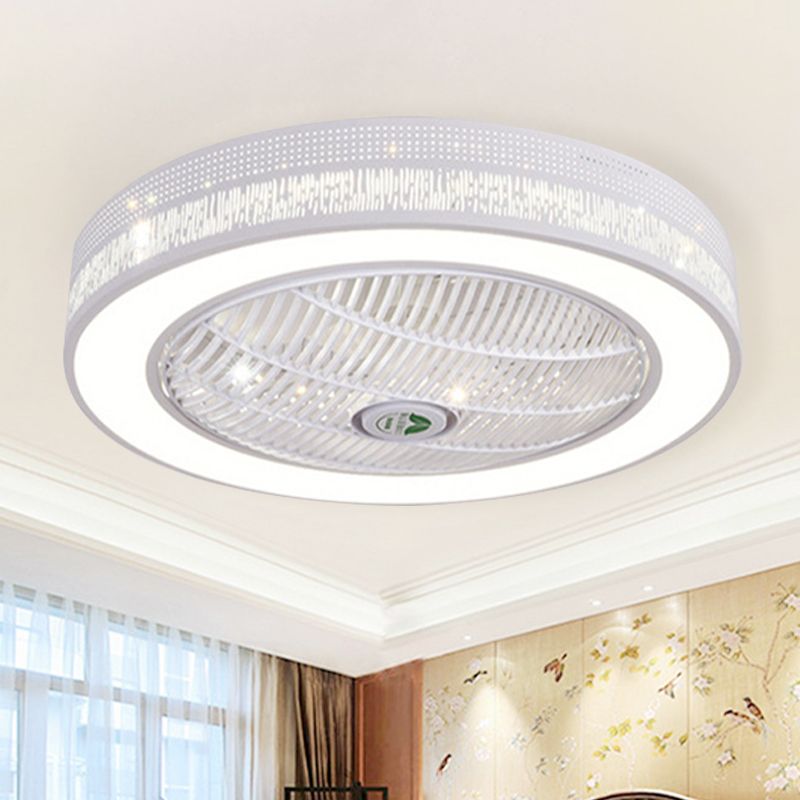 21.5" W White LED Hanging Fan Lighting Contemporary Metal Circle Semi Flush Ceiling Light for Living Room, 3 Blades