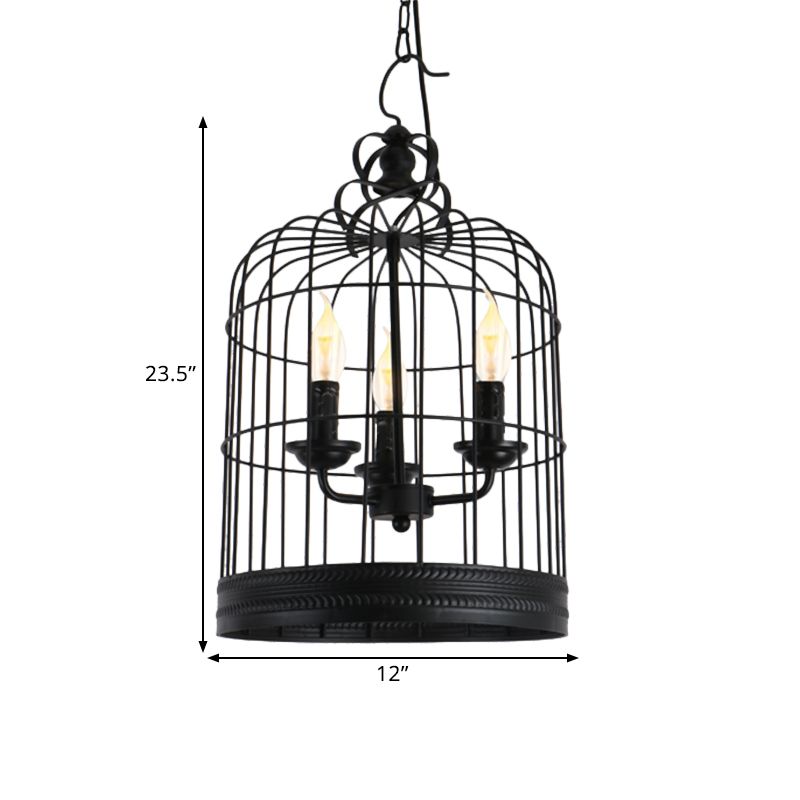 Black Birdcage Shade Pendant Light Antique Style Iron 3 Lights Restaurant Ceiling Light with Candle Design