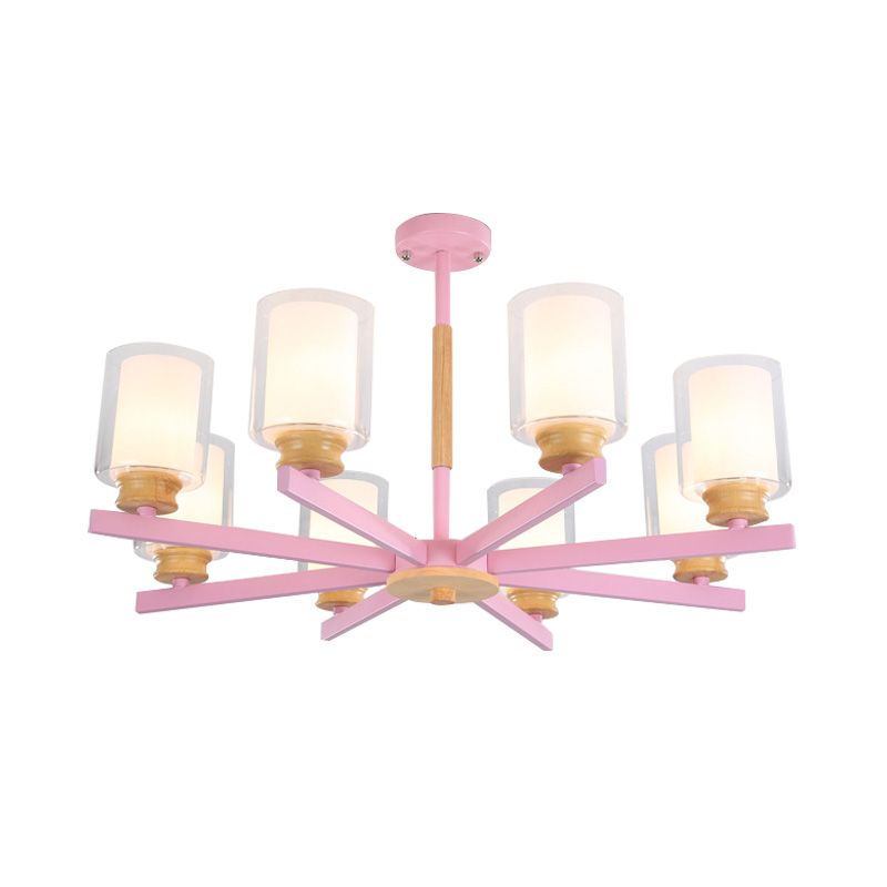 Macaron Cylinder Chandelier Pendant Light Milk Glass 3/5/6 Lights Hanging Ceiling Light in Pink/Yellow/Green for Living Room