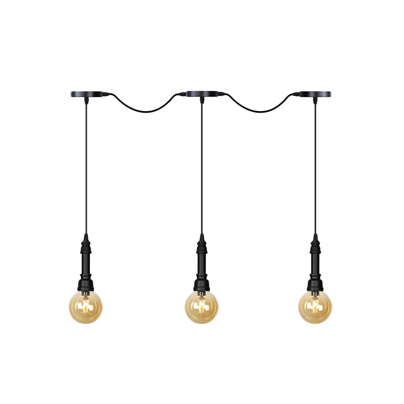 Amber Glass Ball Meerdere hangende licht Vintage 3/5/7-Licht koffiehuis tandem LED plafond hanger lamp in zwart