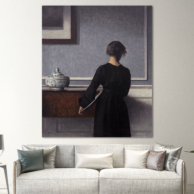 Hammershoi Woman Back Canvas Art Traditional Textured Surface Wall Decor in Dark Color