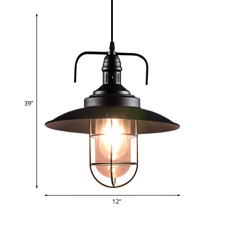 1 Head Flared and Wire Cage Pendant Light Nautical Black Finish Metal Hanging Light Fixture