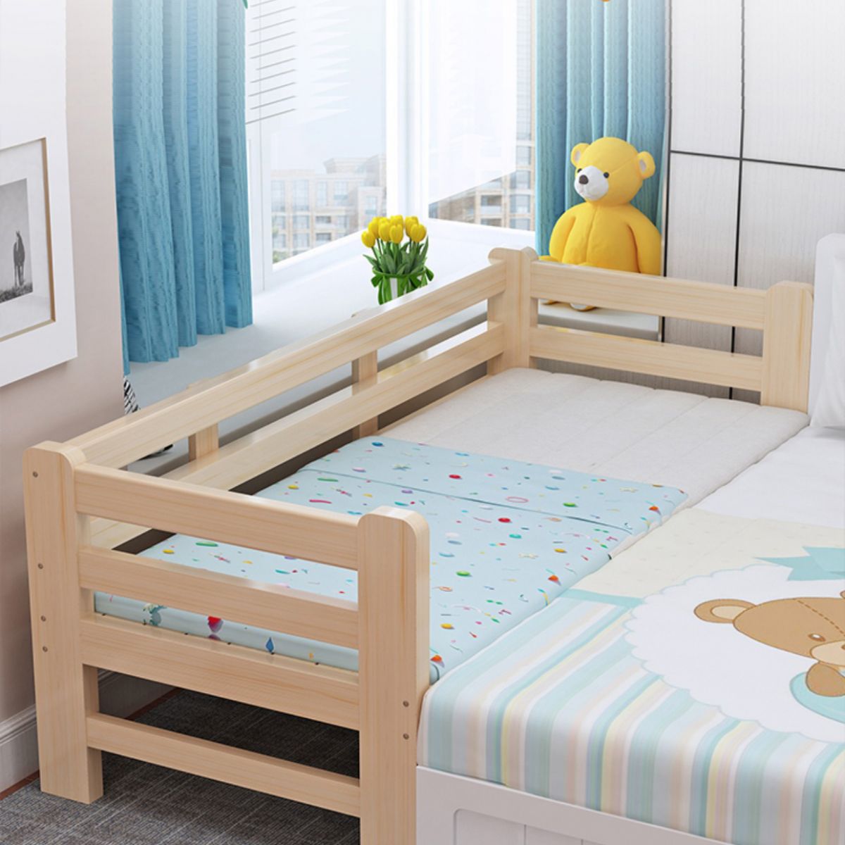 Scandinavian Washed Natural Nursery Bed Solid Wood with Mattress