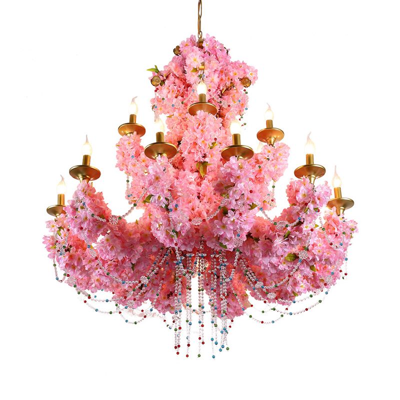 Pink 12 Heads Chandelier Lamp Industrial Metal Candelabra Flower Hanging Light Fixture for Restaurant