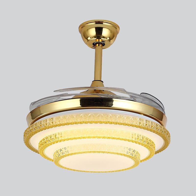 3-laags grote kamer plafondventilator lamp handgesneden kristallen led eigentijds semi-flush licht in goud met 4 messen, 19 "w