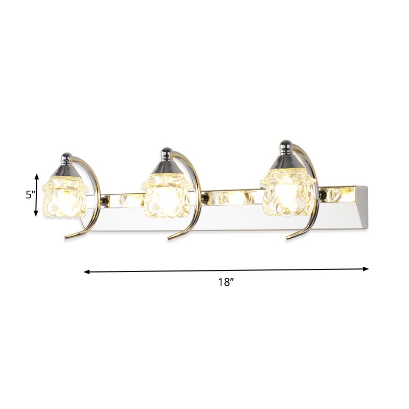 Moderno espejo de tocador de champiñones Cristal claro 3 luces Lámpara de pared de baño con brazo curvo en plata, luz cálida/blanca