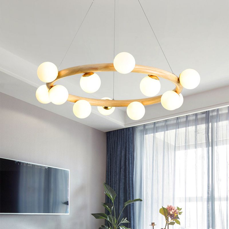 Modern Ceiling Pendant Wood Light Opal Glass Light Foyer Indoor Light