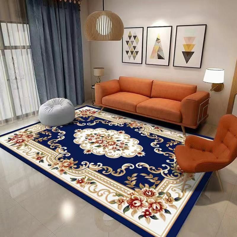 Rapis bleu traditionnel Médaillon Imprimé Polyester Area Tapis Tapis résistant aux taches pour salle