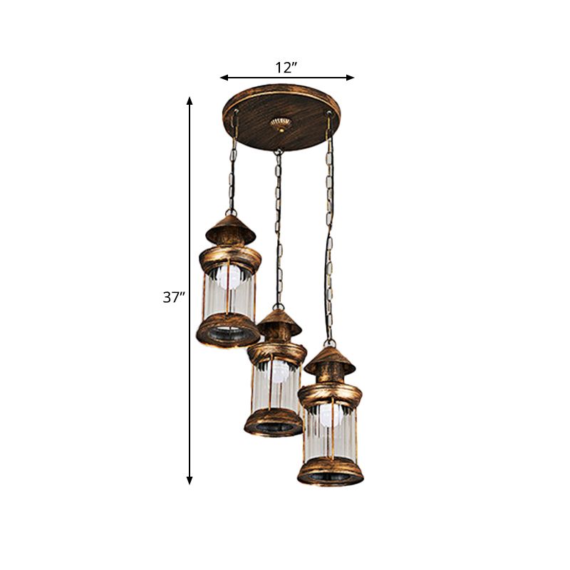 Coastal Kerosene Multi Ceiling Light 3-Head Metallic Pendant Lamp in Brass with Clear Ribbed Glass Shade