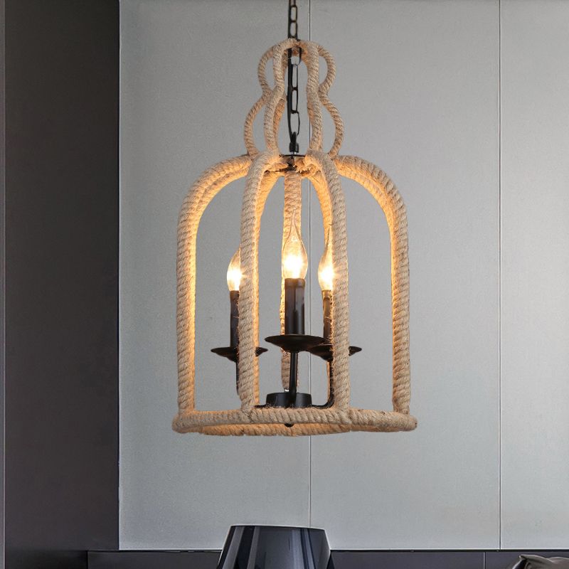 Beige 3 Köpfe Kronleuchter leichter Industrie Seil Vogelkäfig Deckenlampe für Coffeeshop