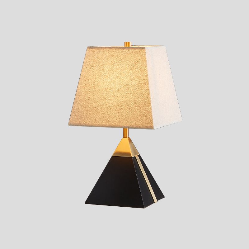 Modern Trapezoid Night Table Light Fabric 1 Light Bedroom Night Lamp in White/Flaxen with Black Pyramid Base