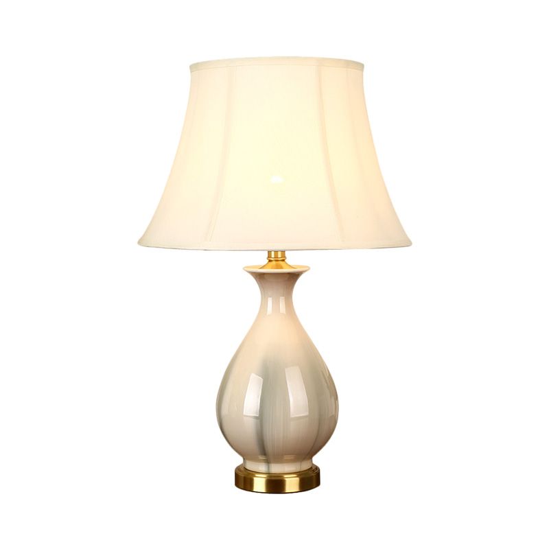 White Conic Design Desk Light Antiqued Style Fabric 1 Bulb Bedroom Table Lamp with Vase Porcelain Base