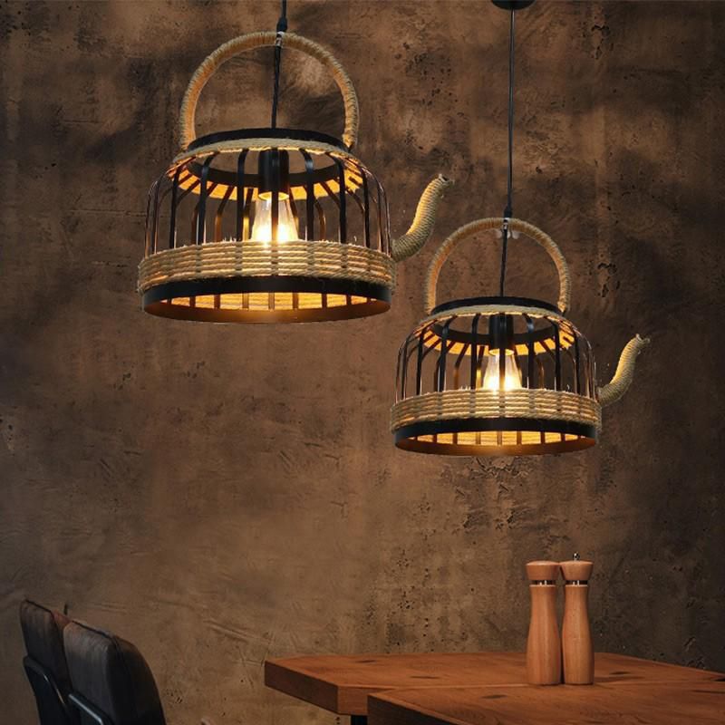 Tea Kettle Shaped Retro Hemp Rope Design Hanging Light 16" Wide Industrial Style 1-Light Suspended Lighting Fixture