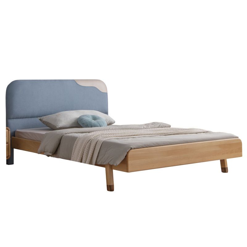 Solid Wood Platform Bed Scandinavian Blue Bed with Upholstered