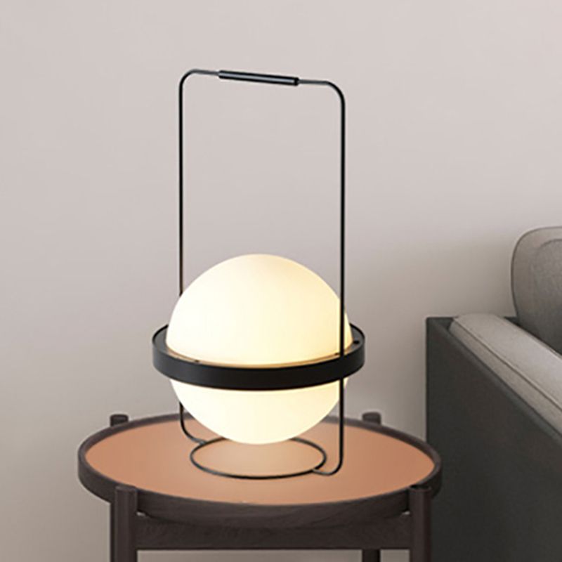 1 Head Bedroom Task Lighting Modern Black Night Table Lamp with Ball Milky Glass Shade