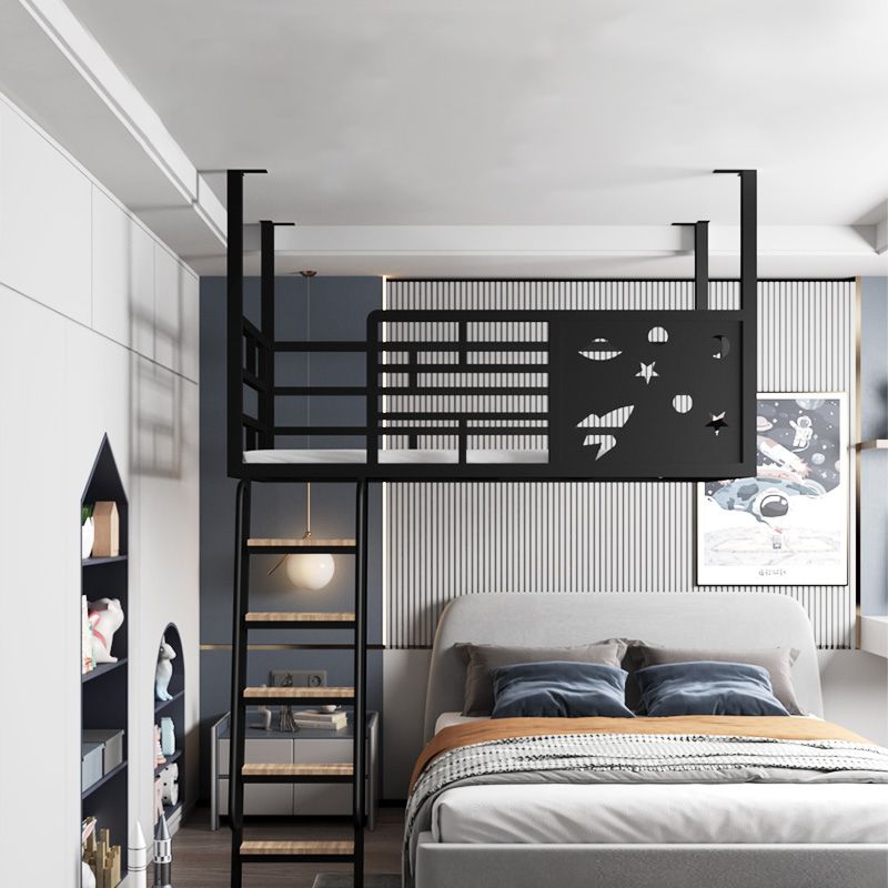 Contemporary Iron High Loft Bed Black & White Metal Wire-Grid Bed Frame