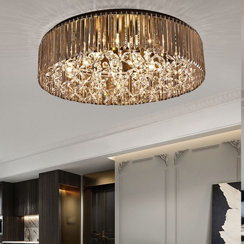 Black Round Recessed Mount Light Contemporary 4 Lamp Crystal Rod Ceiling Light, Warm Light