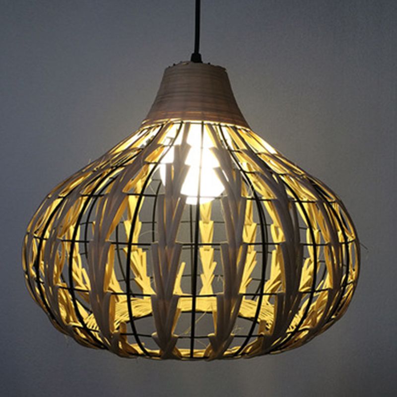 1 Light Teardrop Pendant Lamp Rustic Ribbed  Rattan Hanging Lamp for Dining Room Table