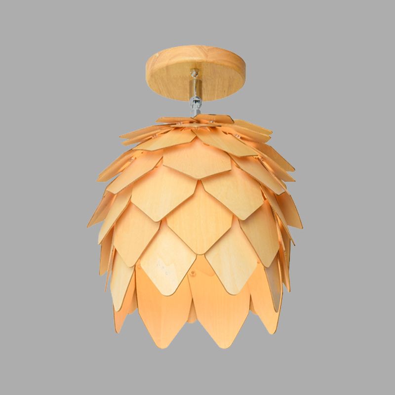1 Bulb Bedroom Semi Flush Light Asia Beige Ceiling Mounted Fixture with Dome Wood Shade