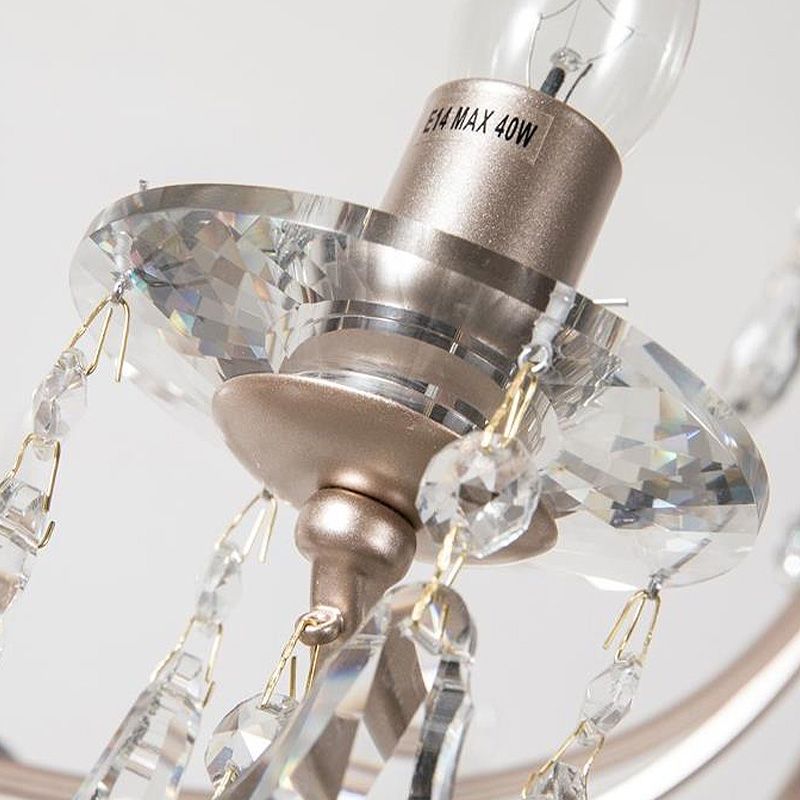 Crystal Droplet Chandelier Lamp Modern 6 Heads Satin Nickel Suspension Pendant Light for Bedroom