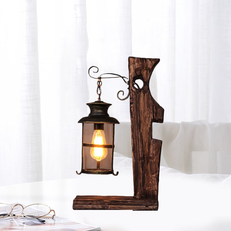 Clear Glass Black Table Lamp Lantern 1 Head Industrial Style Desk Light with Wood Base