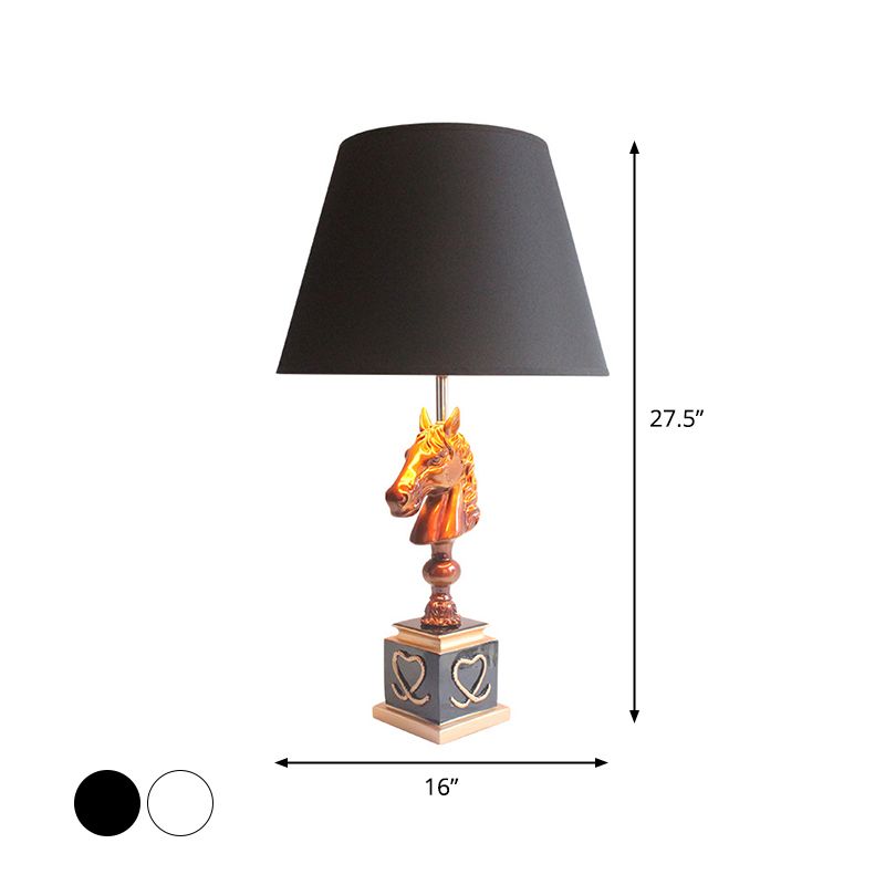 Conical Fabric Night Light Countryside Single Bedroom Table Lighting in Black/White with Horse Head Stand