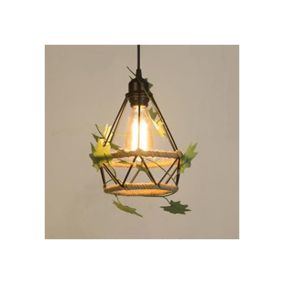 BEIGE 1 Light Hanging Lampy Style Country Metal and Rope Globe / Barrel Cage Pendant Lighting For Coffee Shop