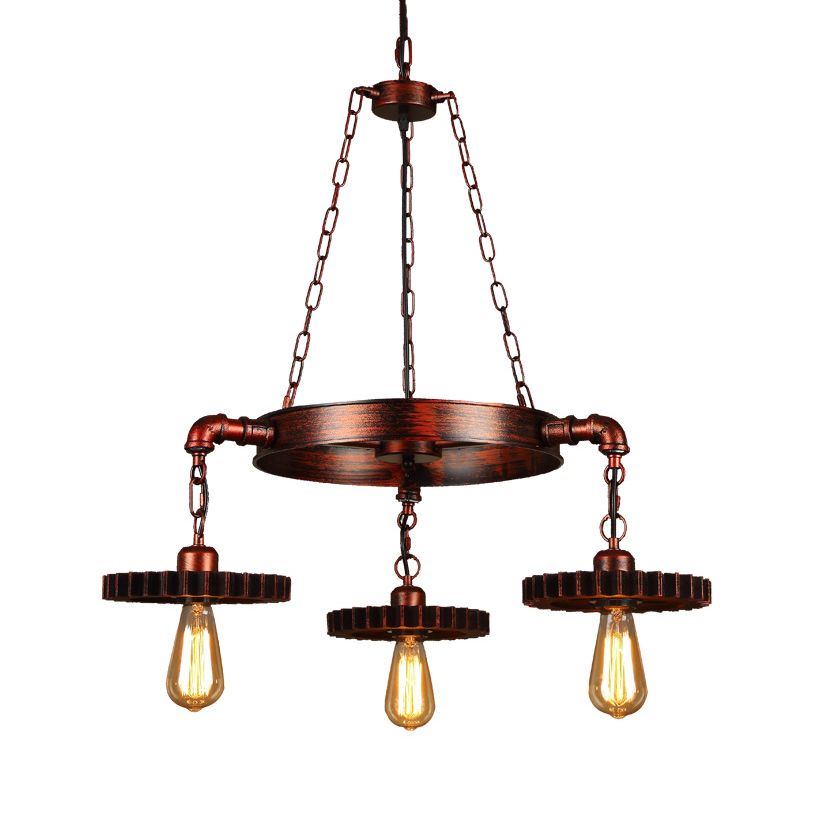 3/7 Heads Gear Pendant Lighting with Open Bulb Antique Style Dark Rust Metal Chandelier Light Fixture for Restaurant