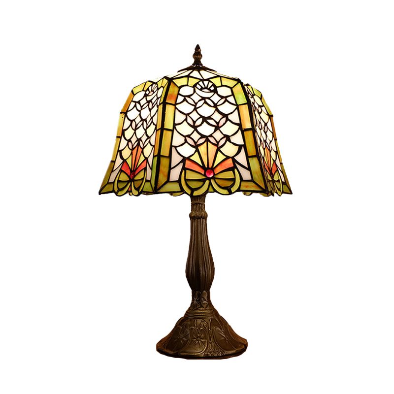 Stained Glass Bronze Night Table Light Paneled Bell 1 Head Baroque Fishscale Patterned Nightstand Lamp