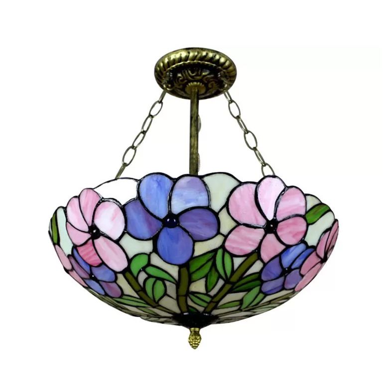 Tiffany Ceiling Lights LED, 3-Light Stained Glass Domed Semi Flush Light in Aged Brass with Chain and Rose Pattern