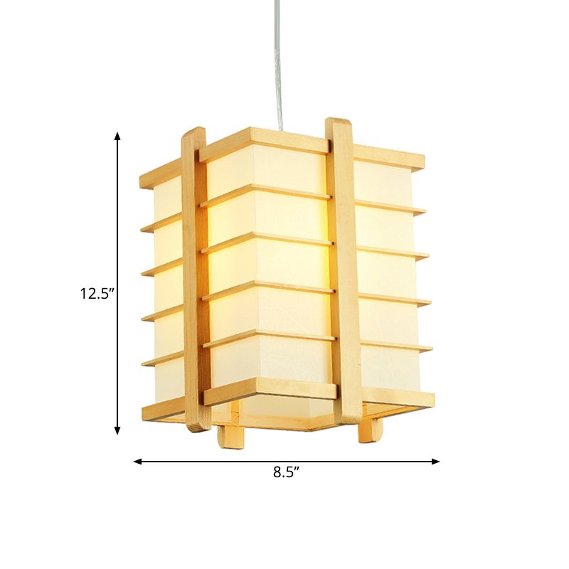 Wood Wire Cage Cuboid Pendant Lamp Japanese Single Ceiling Suspension Light in Beige