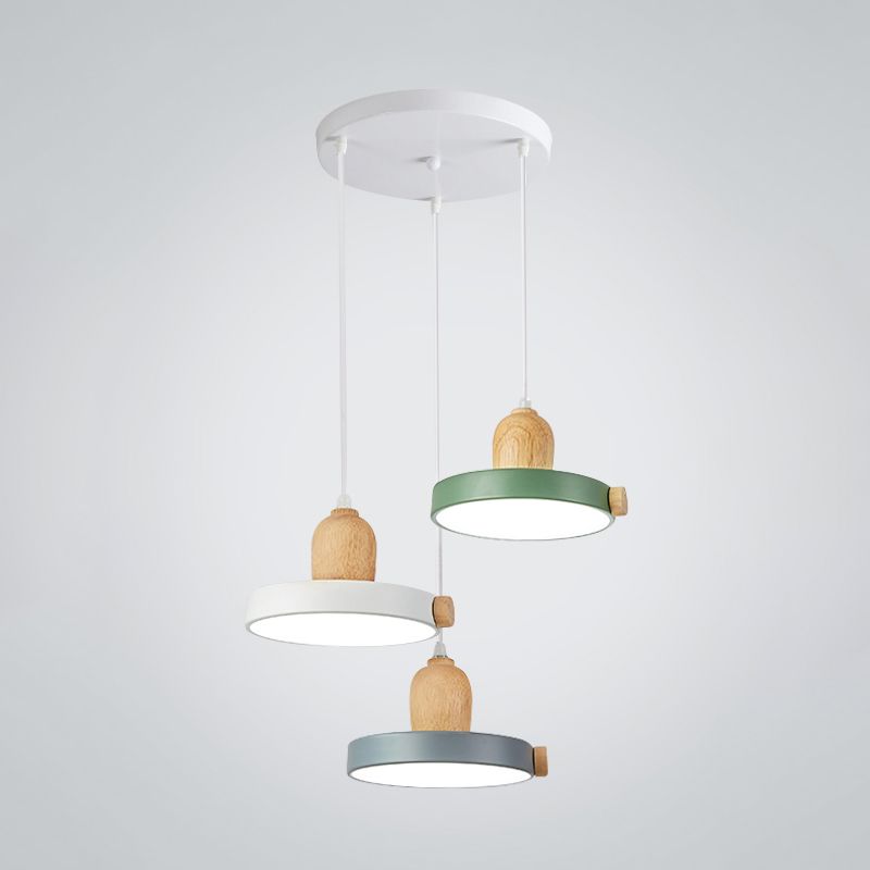 Nordic Pot Lid LED Pendant Lamp Acrylic 3-Head Dining Room Multi Ceiling Light in White and Wood