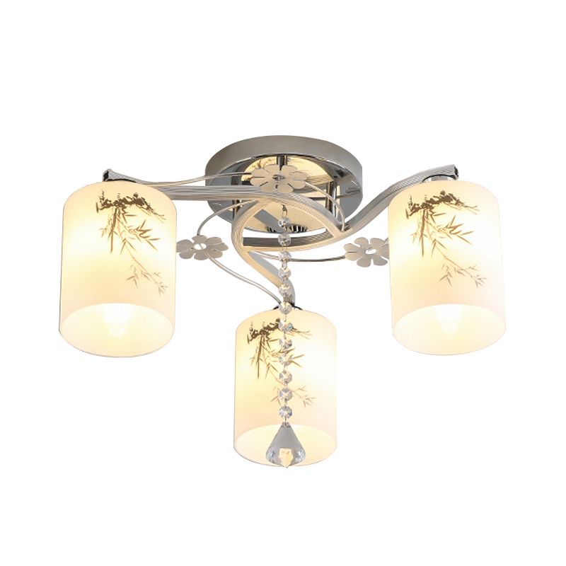 Minimal Cylindrical Semi-Flush Ceiling Light Frosted Glass 3 Lights Bedroom Flushmount in Chrome with Bamboo Pattern