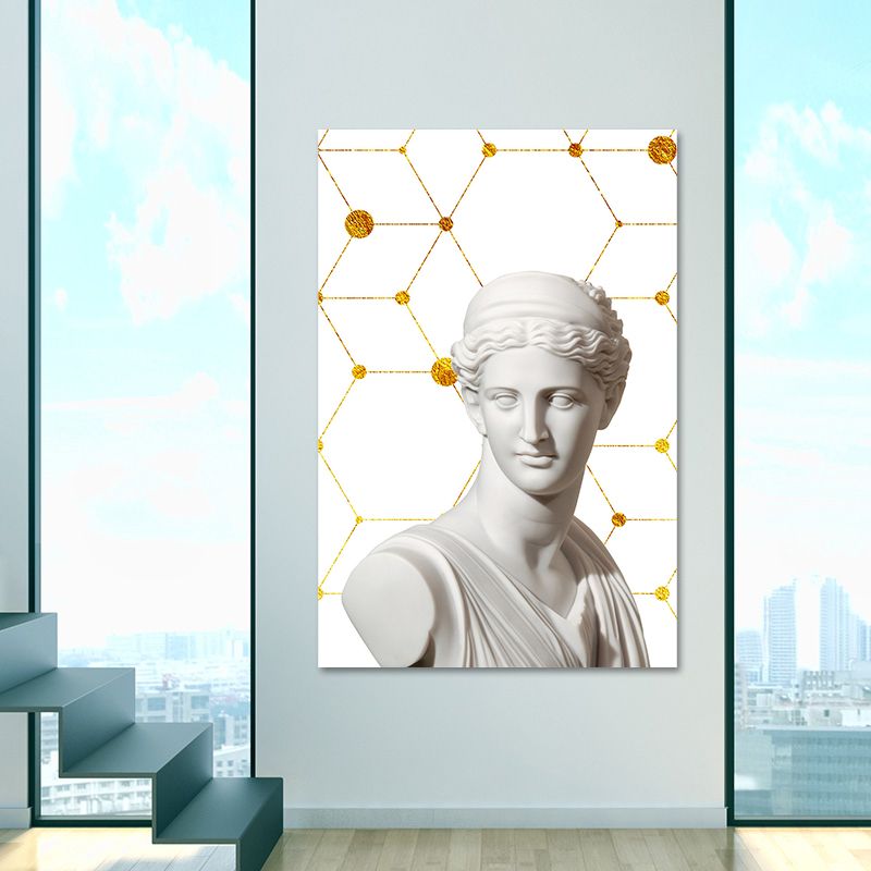 Greek Status and Geometric Canvas Vintage Textured Wall Art Print in White-Gold for Home