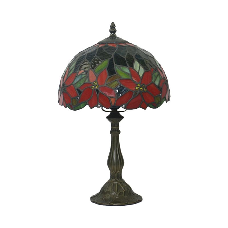 Bowl Shape Desk Lighting 1-Head Stained Art Glass Mediterranean Flower Patterned Table Lamp in Bronze