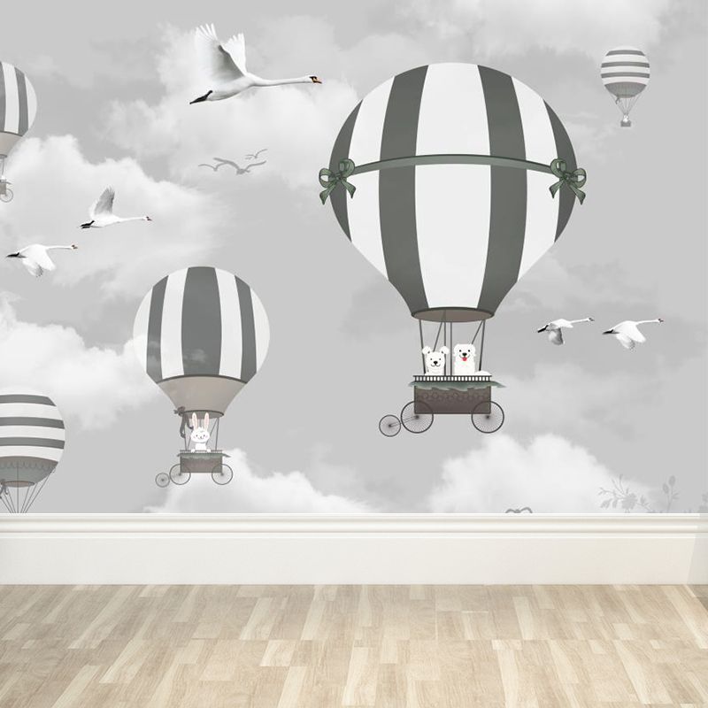 Rabbit Hot Air Balloon Mural Cartoon Non-Woven Fabric Wall Decor in Grey for Kids Room