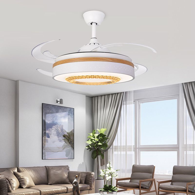 Nordic Drum Flush Lamp with Fan Amber Crystal White LED Living Room Semi Mount Lighting with Wood Element