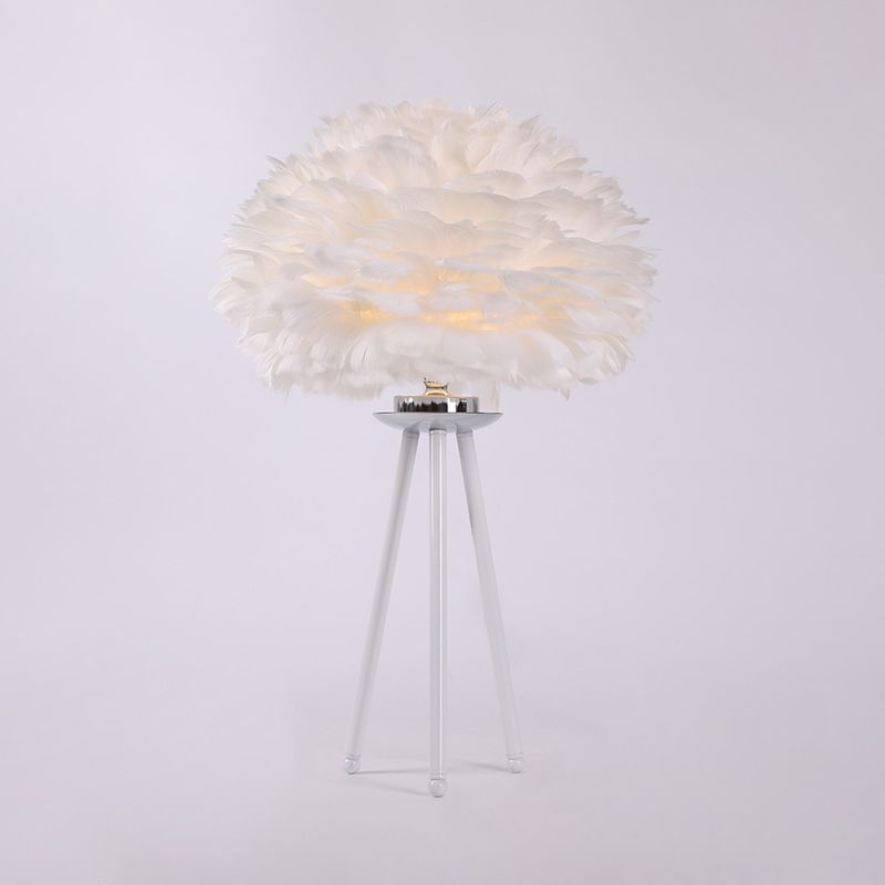 Modernist Feather Table Light Fabric 1-Light Bedside Nightstand Lamp in White with Tripod Base