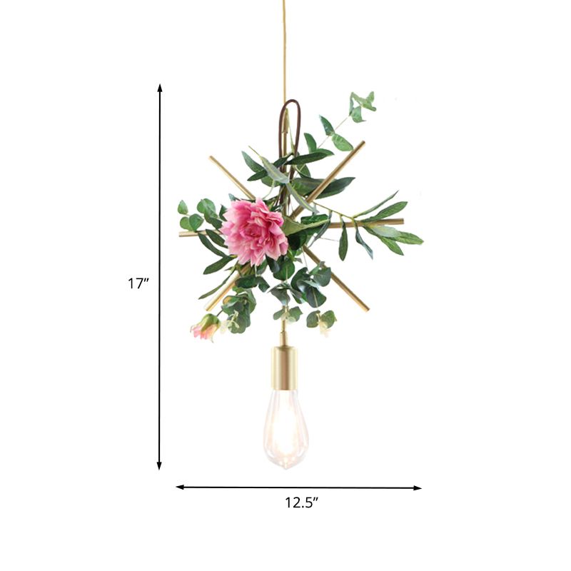 1-Light Metallic Hanging Pendant Loft Style Champagne Triangle/Round/Square Living Room Ceiling Light with Artificial Flower Deco